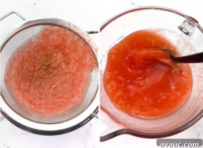 Easy Strawberry Lemonade 6 Strawberry lemonade mixture being poured through a fine-mesh strainer into a large bowl to remove seeds and pulp.