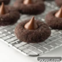Decadent Fudgy Chocolate Blossoms 10 A delectable fudgy chocolate blossom cookie topped with a Hershey Kiss, resting on a wire rack.