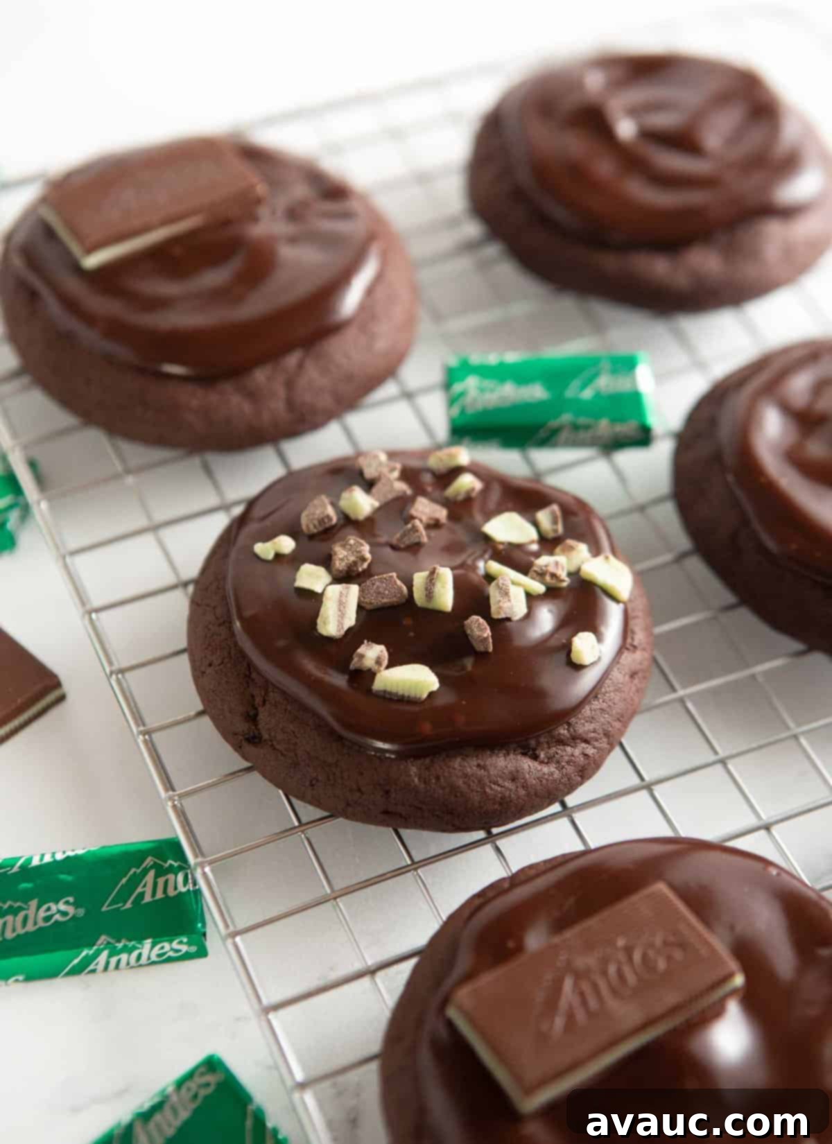wire rack of decorated andes mint cookies