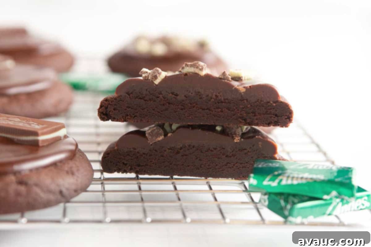 fudgy andes mint cookies cut in half to show texture