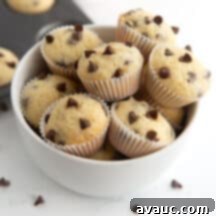 Mini Chocolate Chip Muffins 11 bowl of mini chocolate chip muffins, close up