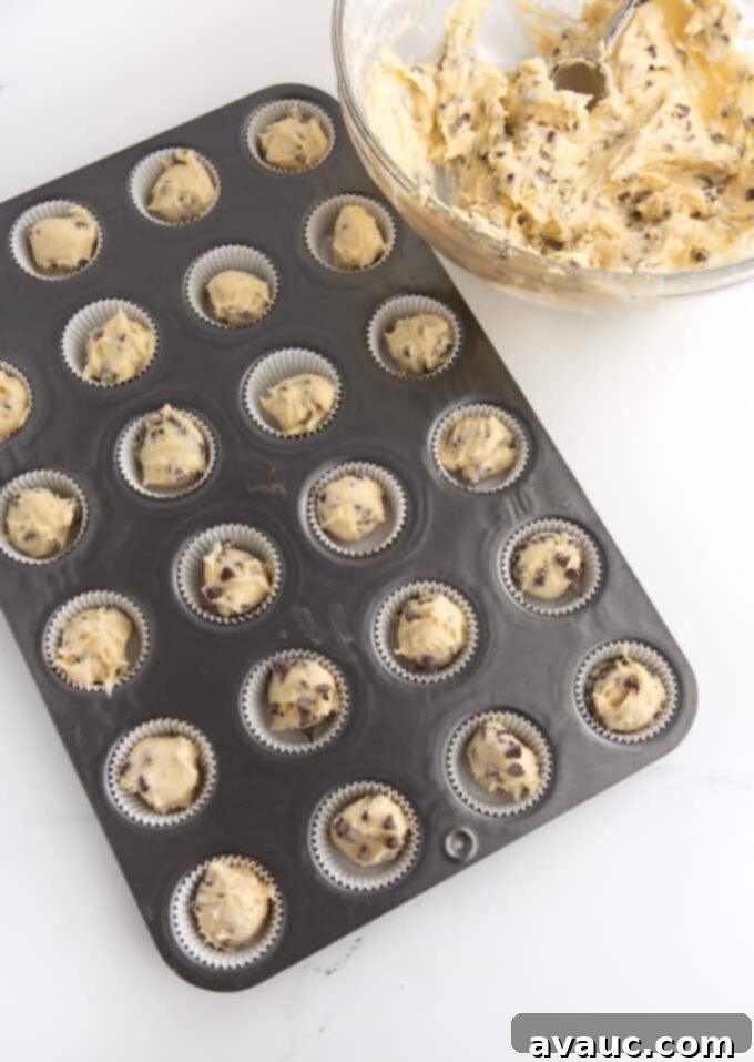 Mini Chocolate Chip Muffins 8 mini chocolate chip muffins in mini muffin pan before baking