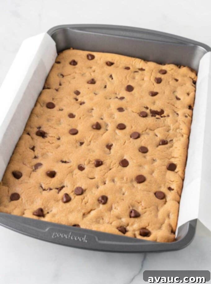 Chewy Peanut Butter Cookie Bars 8 baked peanut butter chocolate chip cookie bars in 9x13 pan