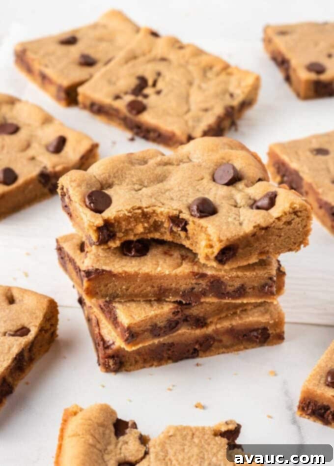 Chewy Peanut Butter Cookie Bars 9 stack of peanut butter chocolate chip cookie bars