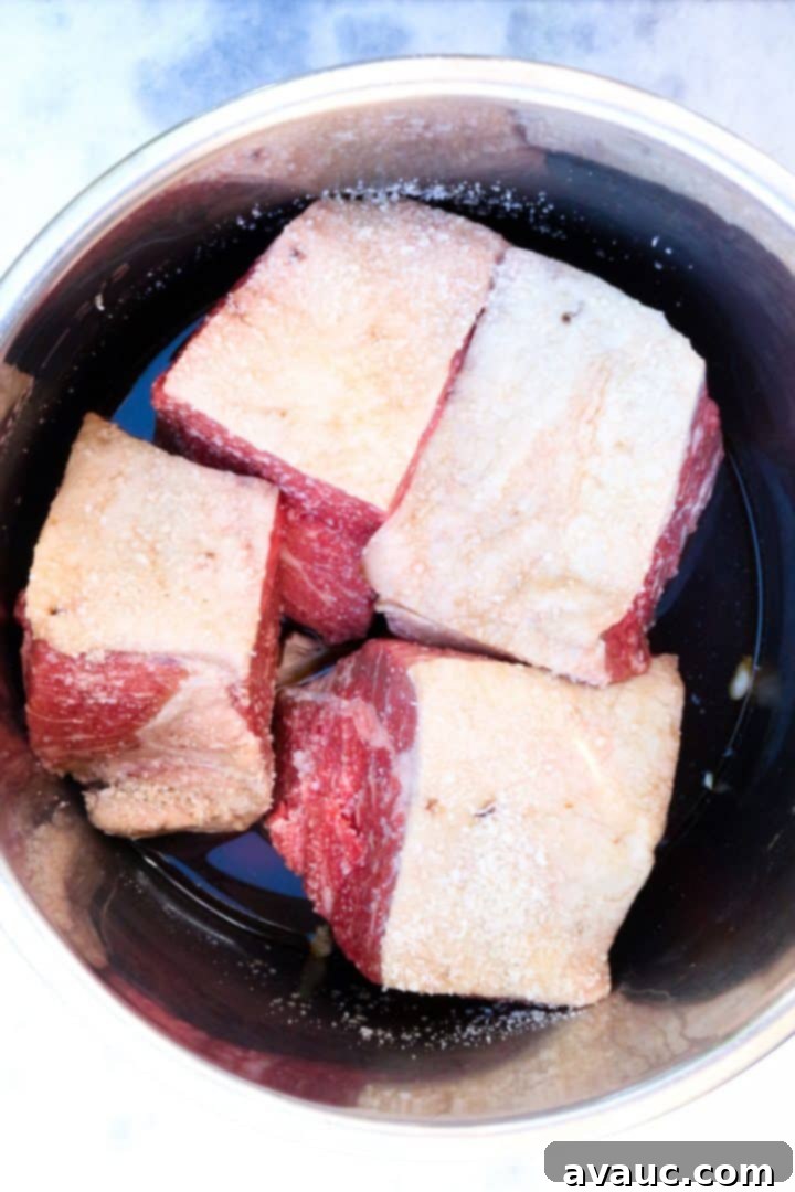 Large chunks of raw beef chuck roast placed at the bottom of an Instant Pot, ready for the other ingredients like broth, garlic, onion, and salt to be added.
