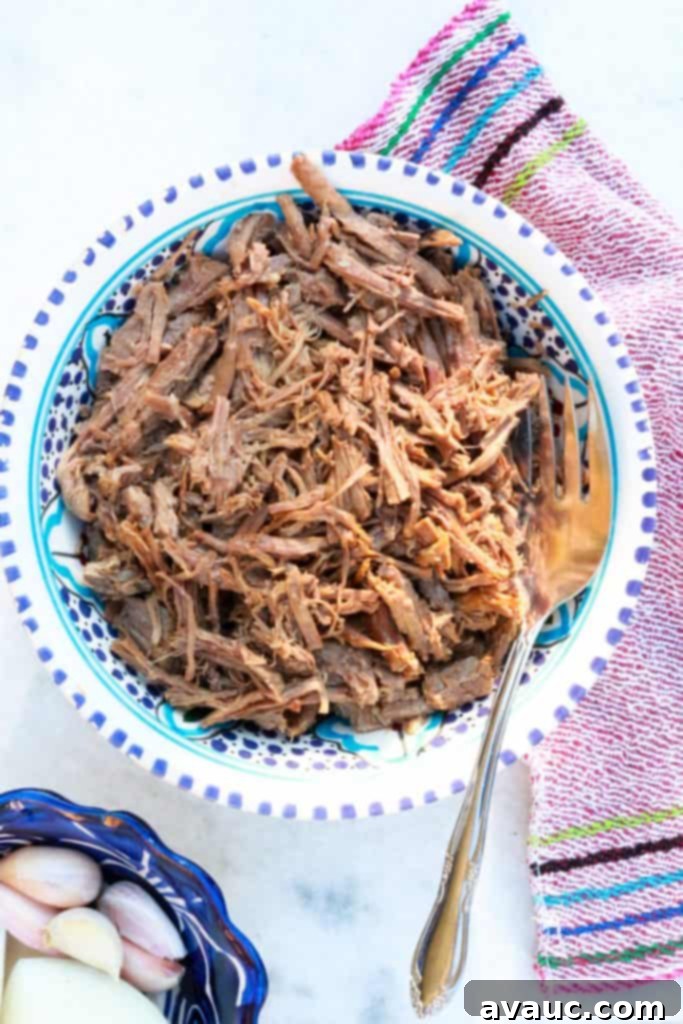 Close-up of a generous serving of Instant Pot shredded beef in a rustic bowl, garnished with fresh cilantro, showcasing its tender texture and rich color, ready for a delicious meal.
