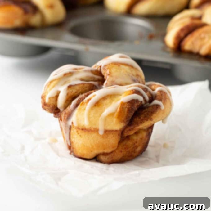 Effortless Cinnamon Swirl Knots 2 cinnamon roll knots in muffin tin
