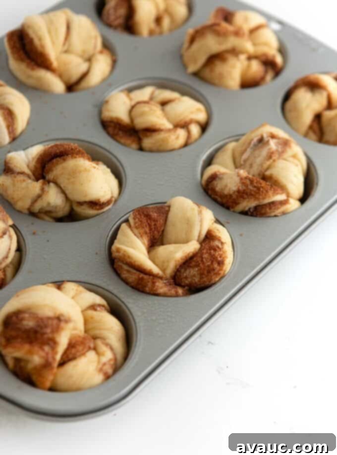 Effortless Cinnamon Swirl Knots 17 unbaked cinnamon roll muffin dough in cupcake pan