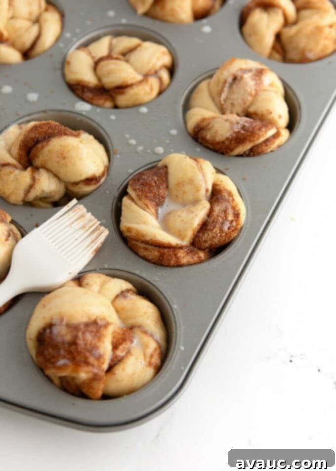 Effortless Cinnamon Swirl Knots 18 unbaked cinnamon roll muffin dough brushed with milk