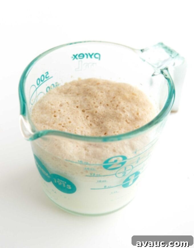 Effortless Cinnamon Swirl Knots 6 glass measuring cup with bloomed yeast