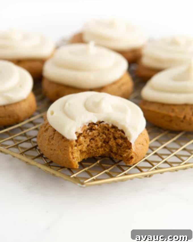 Velvet Autumn Pumpkin Treats 2 soft frosted pumpkin cookies on golden wire rack