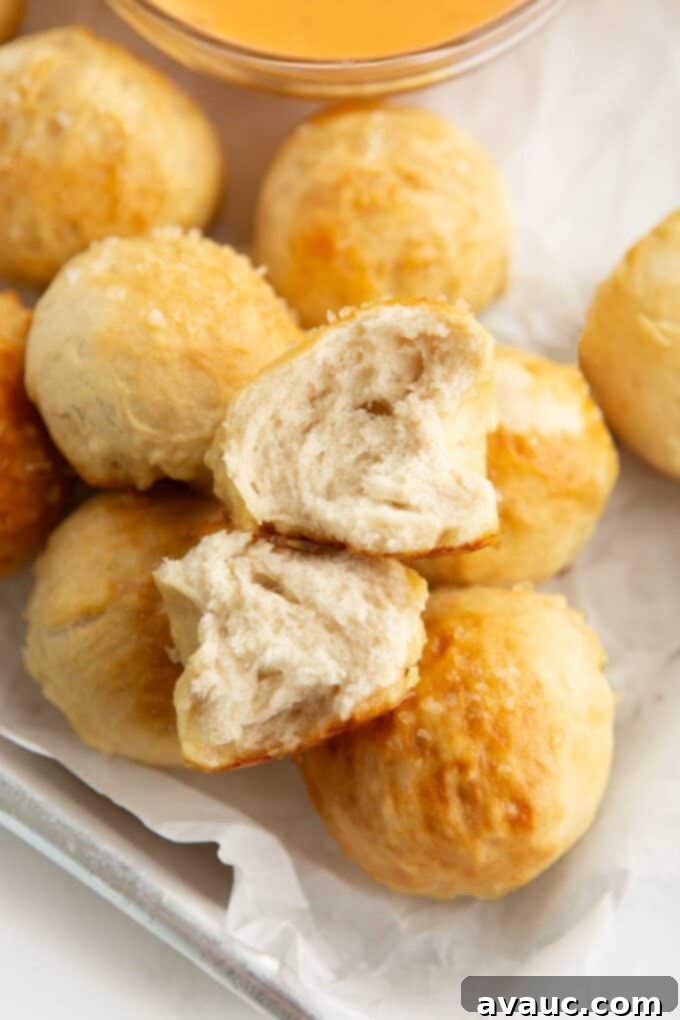 Effortless Soft Pretzel Bites 3 pretzel bite ripped open to show texture