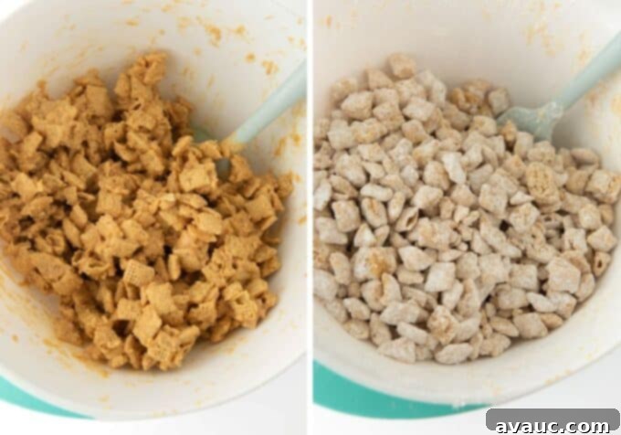Shaking puppy chow in a brown paper bag with powdered sugar