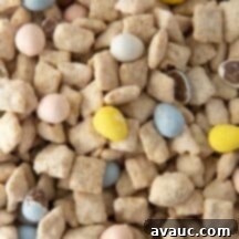 White Chocolate Peanut Butter Puppy Chow with Cadbury Mini Eggs