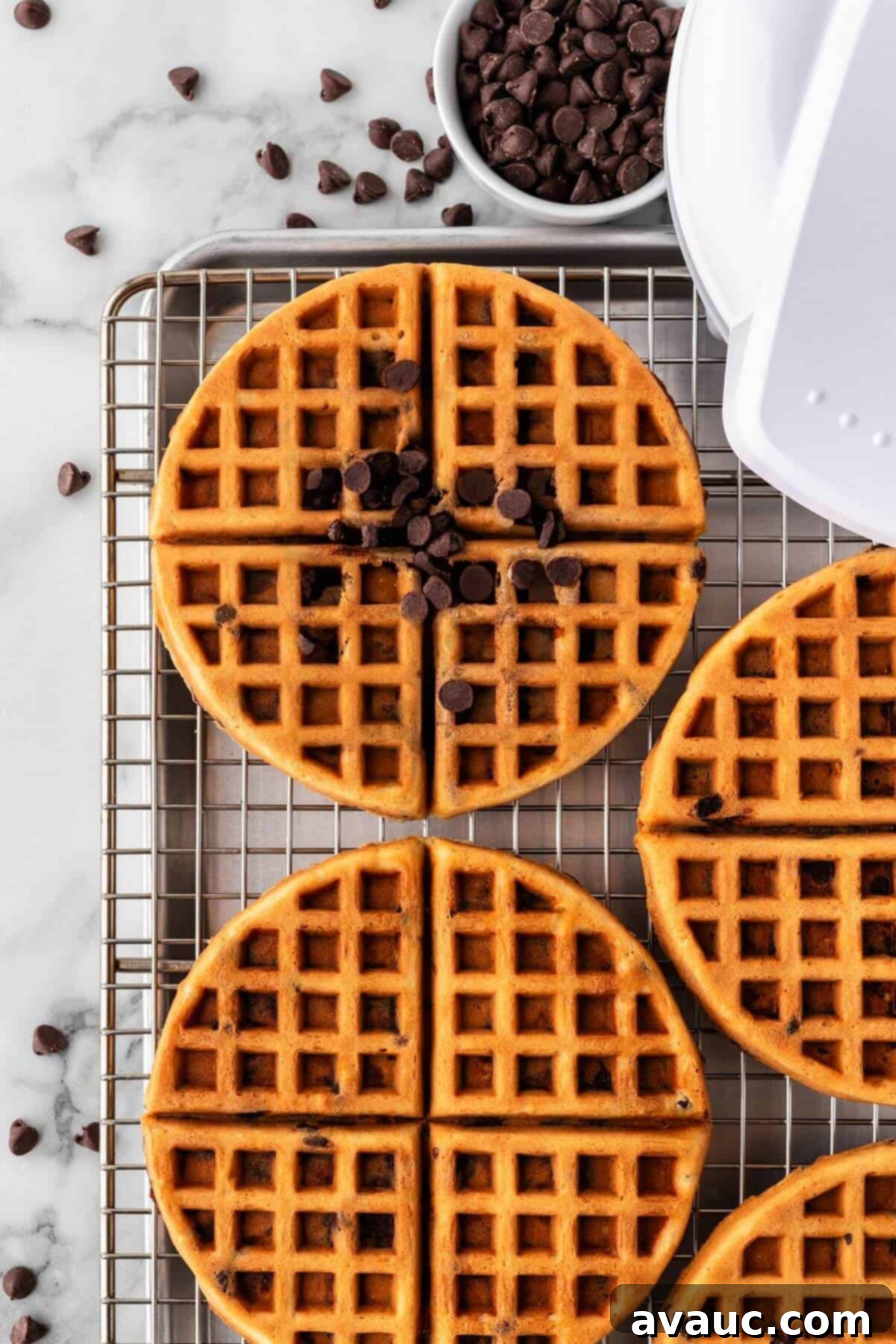 Sweet Morning Chocolate Chip Waffles 16 A stack of crispy chocolate chip waffles with additional chocolate chips on a cooling rack.