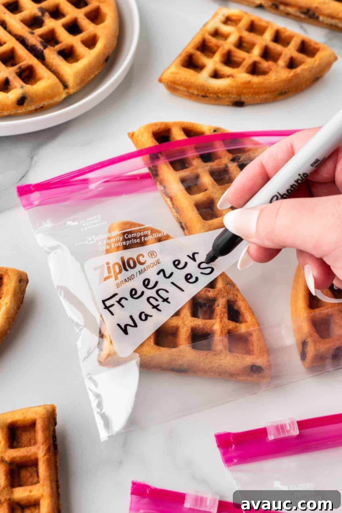Sweet Morning Chocolate Chip Waffles 17 Chocolate chip waffles stored in a freezer bag, ready for future reheating and enjoyment.