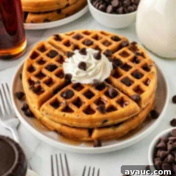Sweet Morning Chocolate Chip Waffles 18 Stack of chocolate chip waffles with whipped cream and extra chocolate chips on top.