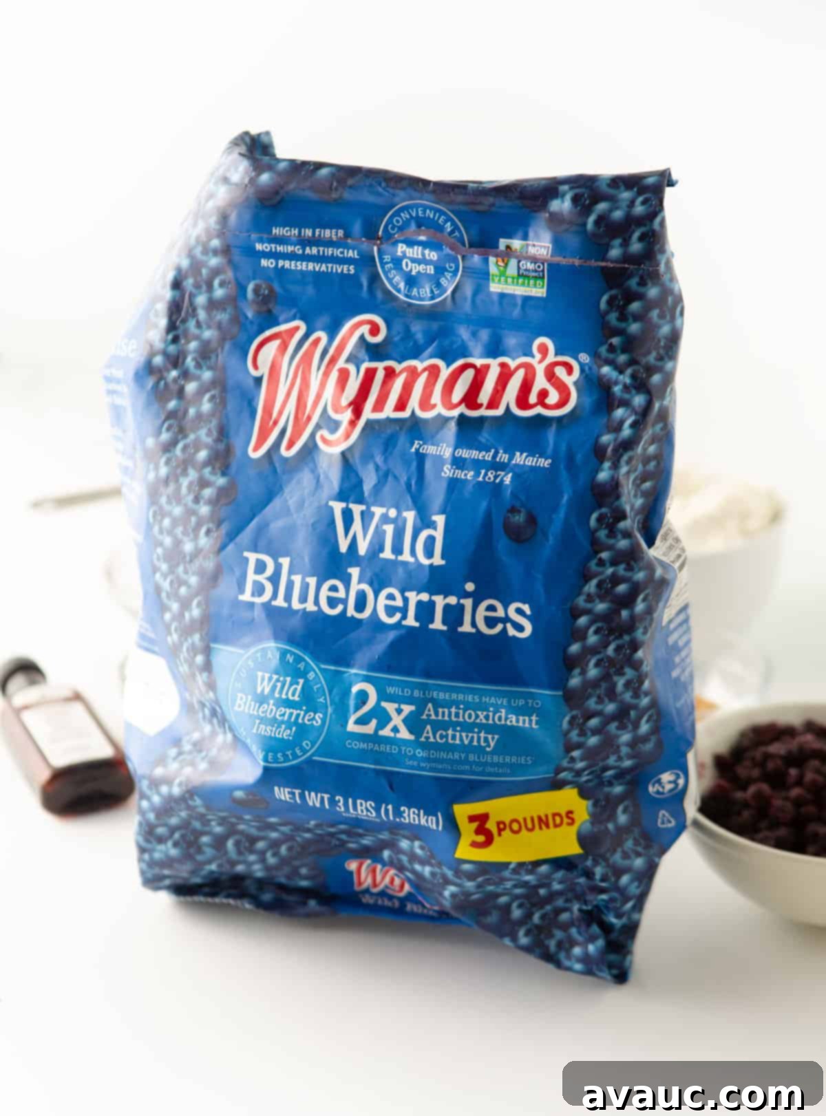 Bag of Wyman's wild blueberries, showing the small, intensely flavored berries.