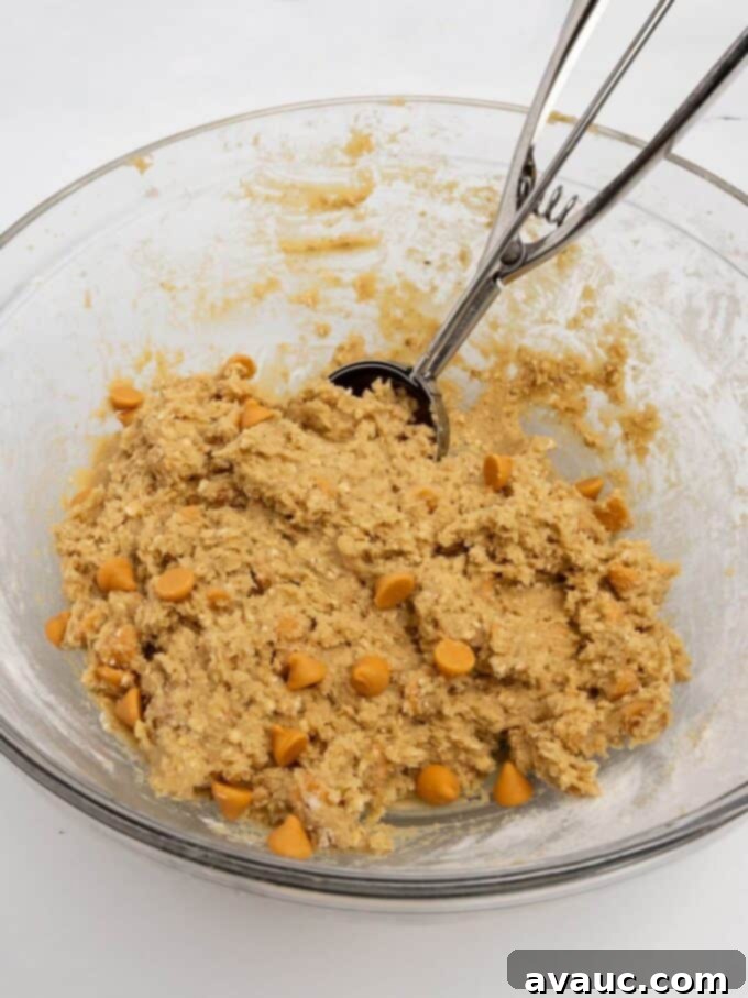 Homemade Chewy Oatmeal Scotchies 5 oatmeal scotchie cookie dough in glass mixing bowl with cookie scoop