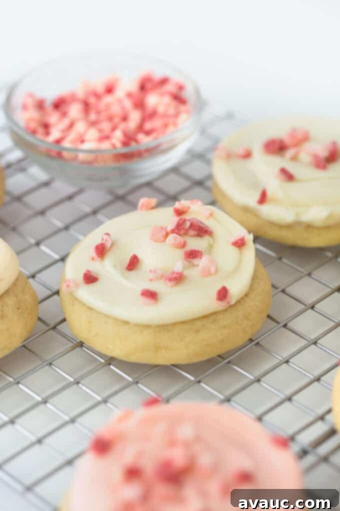 Festive Frosted Peppermint Sugar Cookies 12 Artfully frosted peppermint sugar cookies arranged on a wire rack, ready to be enjoyed.