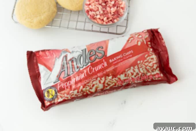 Festive Frosted Peppermint Sugar Cookies 6 Bag of Andes peppermint crunch baking chips, ready for use.