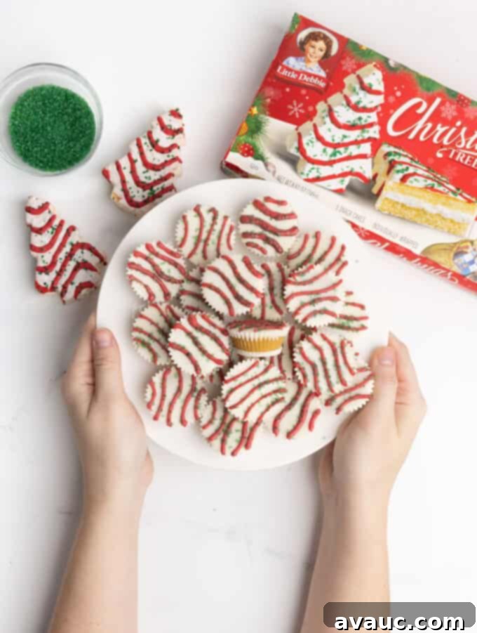 Festive Cakelet Cups 6 plate of cake bite cups decorated as Little Debbie Christmas tree cake