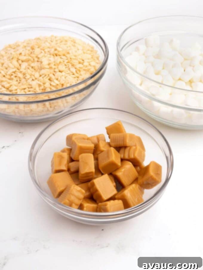 Spiced Gingerbread Krispie Treats 5 A bowl filled with individual Kraft caramel squares, ready for melting