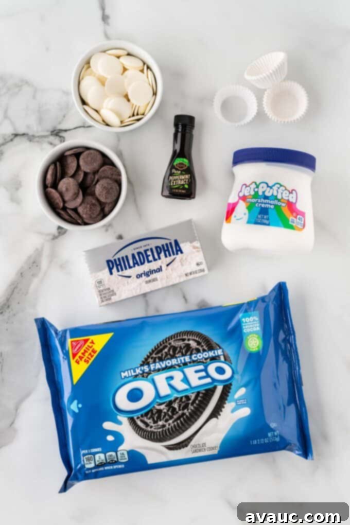 No-Dip Oreo Truffles 4 A visual display of all the ingredients needed for easy no dipping Oreo truffle balls, neatly arranged.