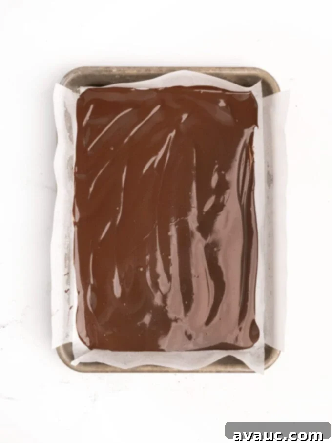 Christmas Nutty Buddy Bark 4 A 9x13 inch pan lined with parchment paper, holding a smooth, even layer of melted dark chocolate, ready to be chilled.