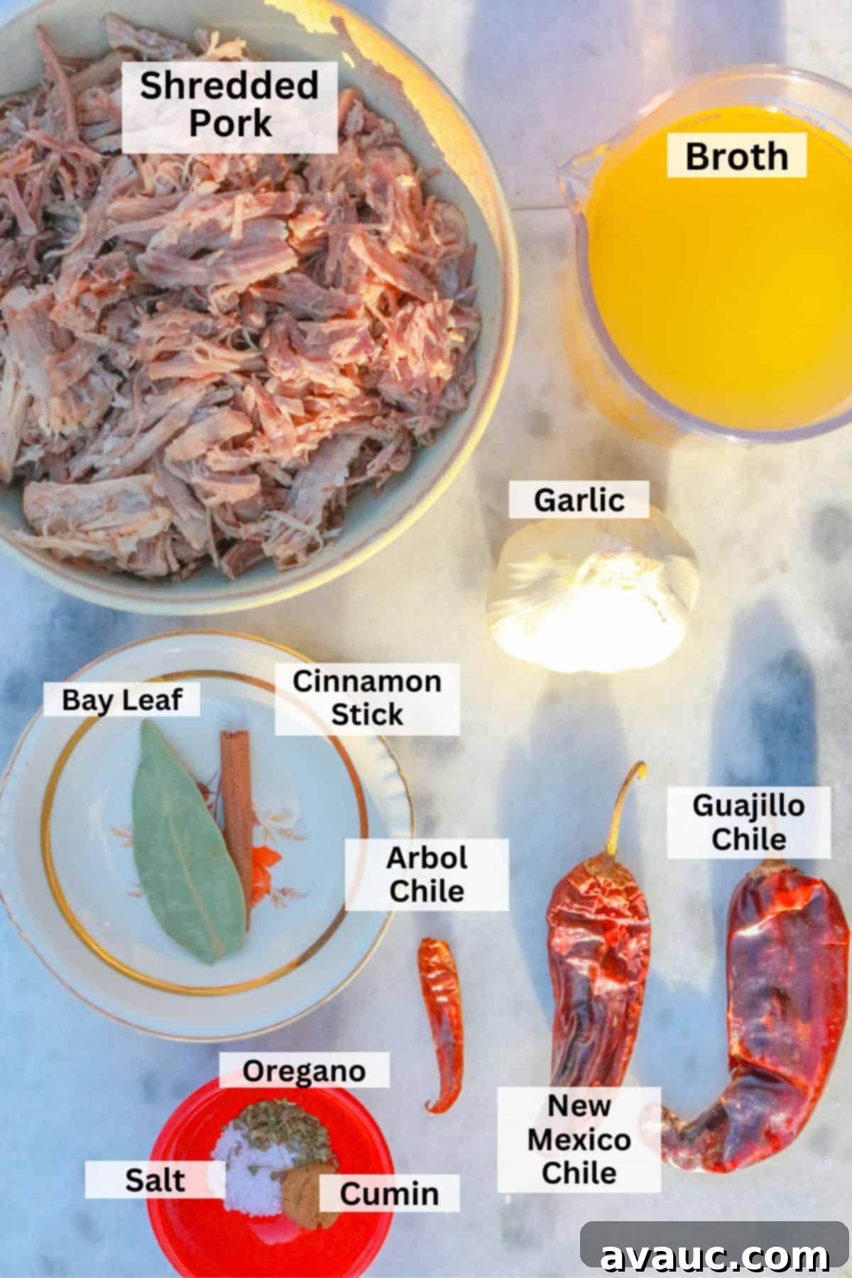 Ingredients for Chile Colorado with Pork: shredded pork, broth, garlic, bay leaf, cinnamon stick, salt, 