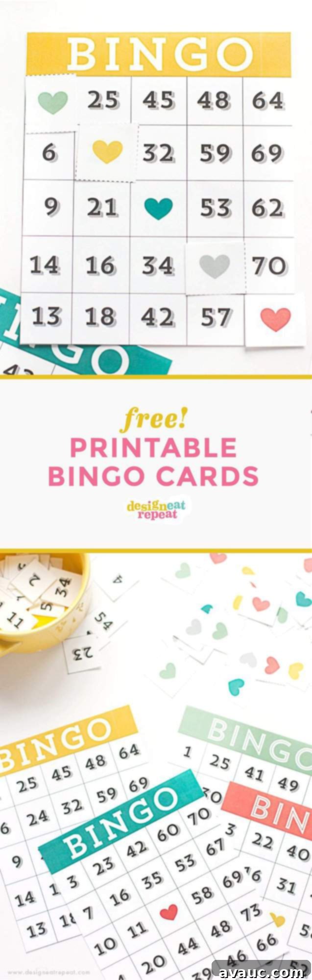 Ready to Print Bingo Fun 2 Two hands holding a bingo card with colorful heart markers, ready for a fun game night.