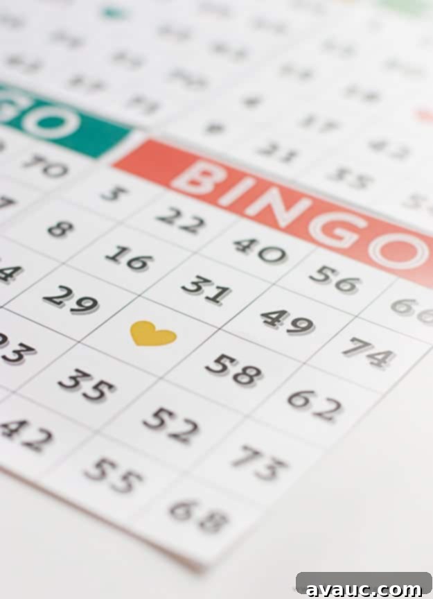 Ready to Print Bingo Fun 7 A winning bingo card with a diagonal line of heart markers, showcasing a successful game.