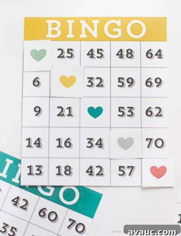 Ready to Print Bingo Fun 8 Another example of a winning bingo card, this time with a horizontal line of heart markers, celebrating a bingo!