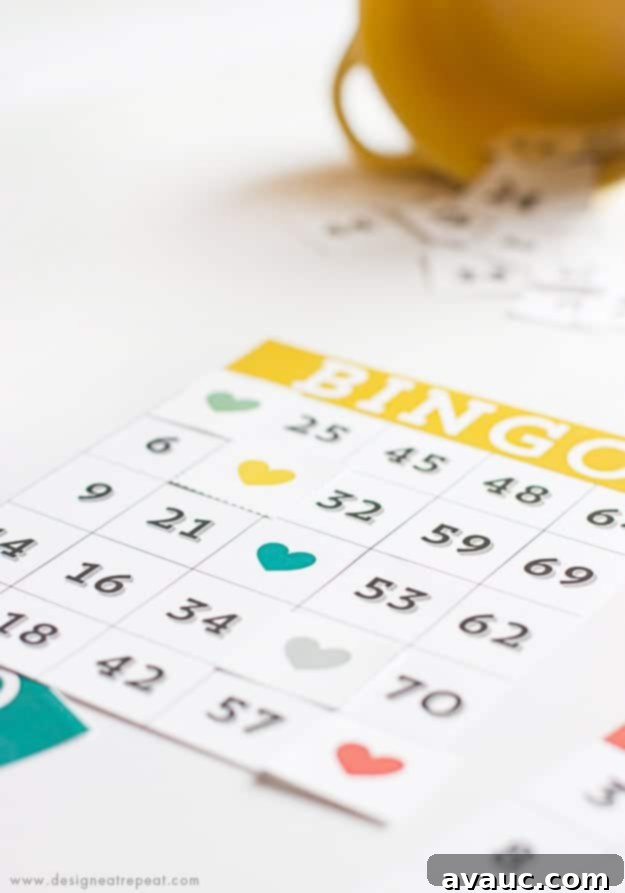 Ready to Print Bingo Fun 9 A clear image of a bingo card with five consecutive heart markers forming a winning vertical line.