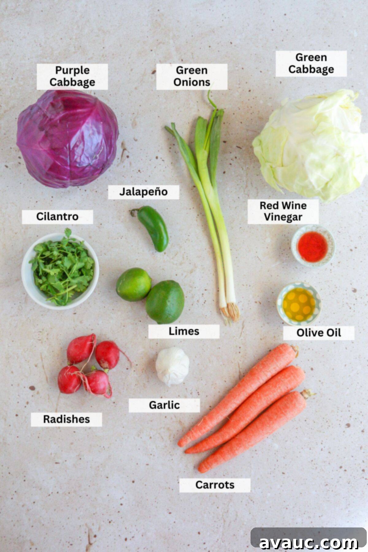 Vibrant Lime Slaw: A Mayo-Free Delight 3 Ingredients for Lime Vinaigrette Coleslaw: purple cabbage, green onions, green cabbage, cilantro, jalapeños, limes, radishes, garlic, carrots, extra virgin olive oil and red wine vinegar
