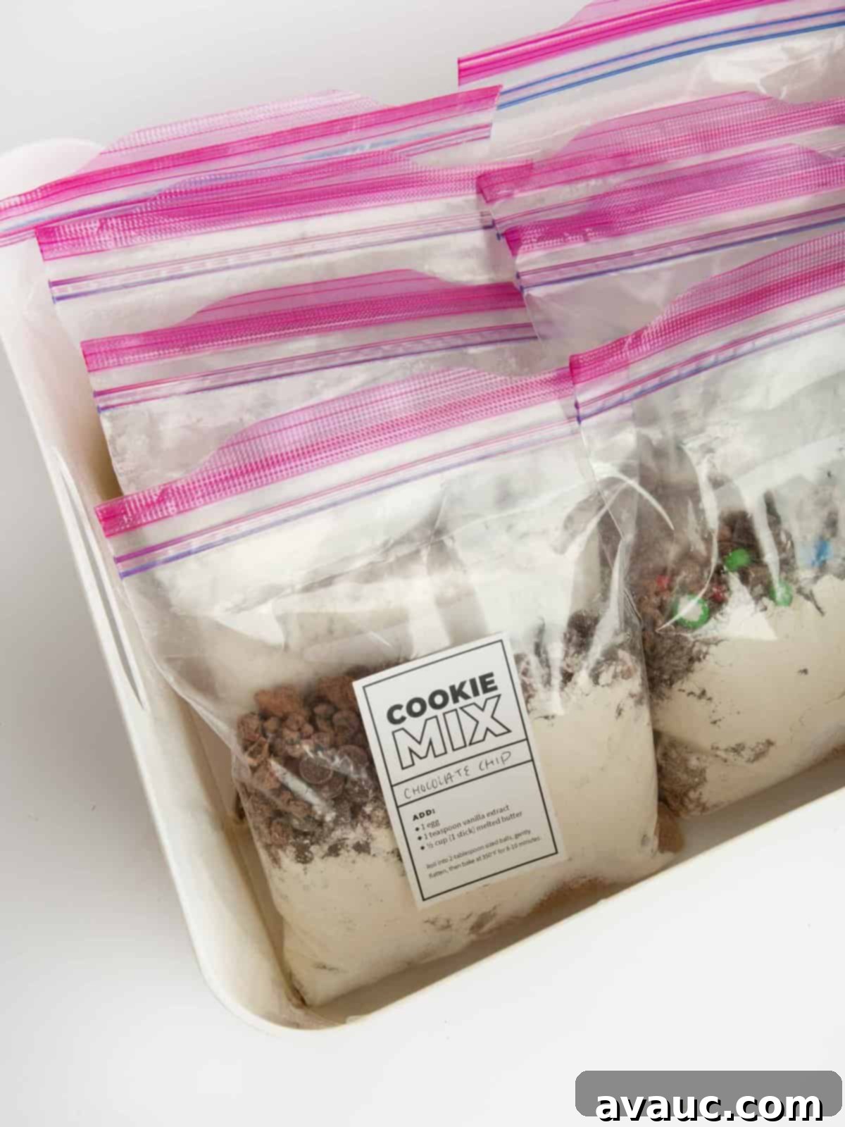 pantry bin of DIY cookie dough mixes in bag for easy storage