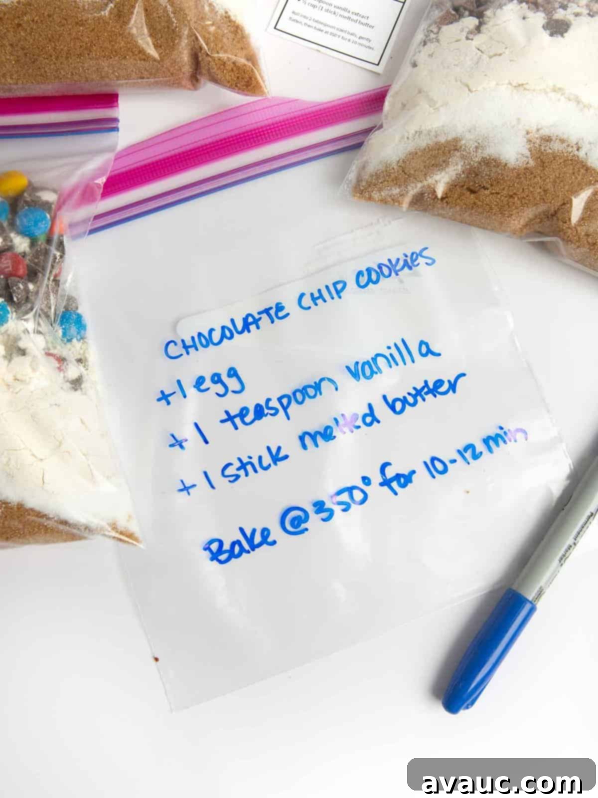 diy cookie mix in bag with instructions written on bag with permanent marker