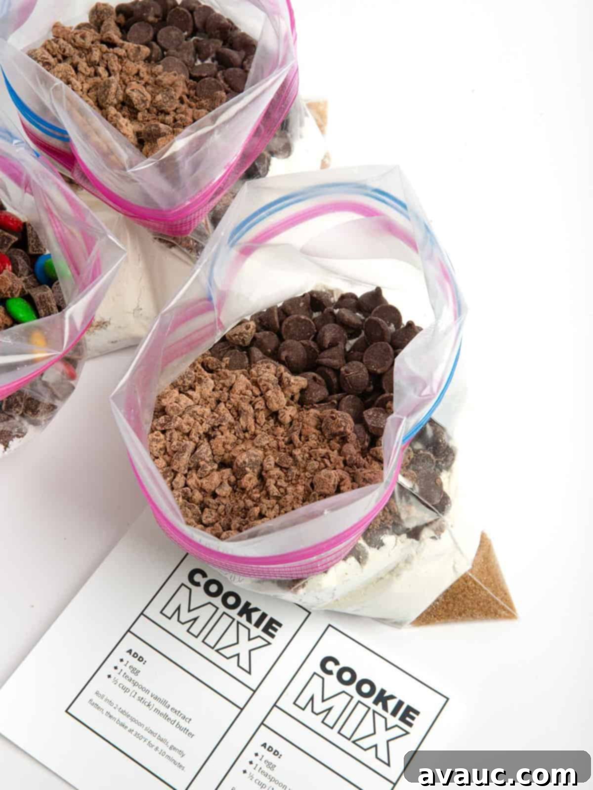 DIY homemade chocolate chip cookie dough mix in a bag with layers of dry ingredients