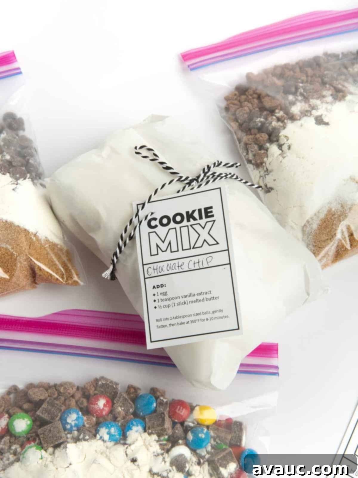 how to gift cookie mix in a bag without jar, wrapped in parchment and tied with a tag