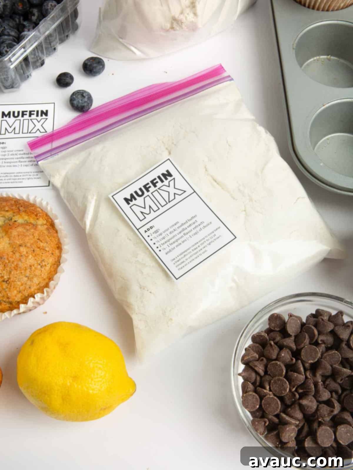 Whip Up Your Own Muffin Mix 5 Homemade muffin mix in a quart-sized bag, with baking instructions written clearly on the front.