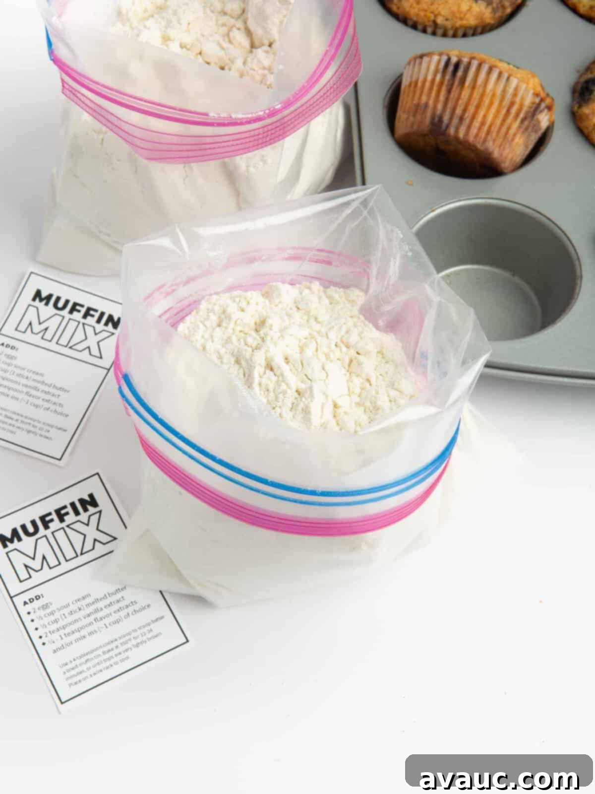 Whip Up Your Own Muffin Mix 6 The process of filling a Ziploc bag with dry muffin mix ingredients, demonstrating the folding technique.