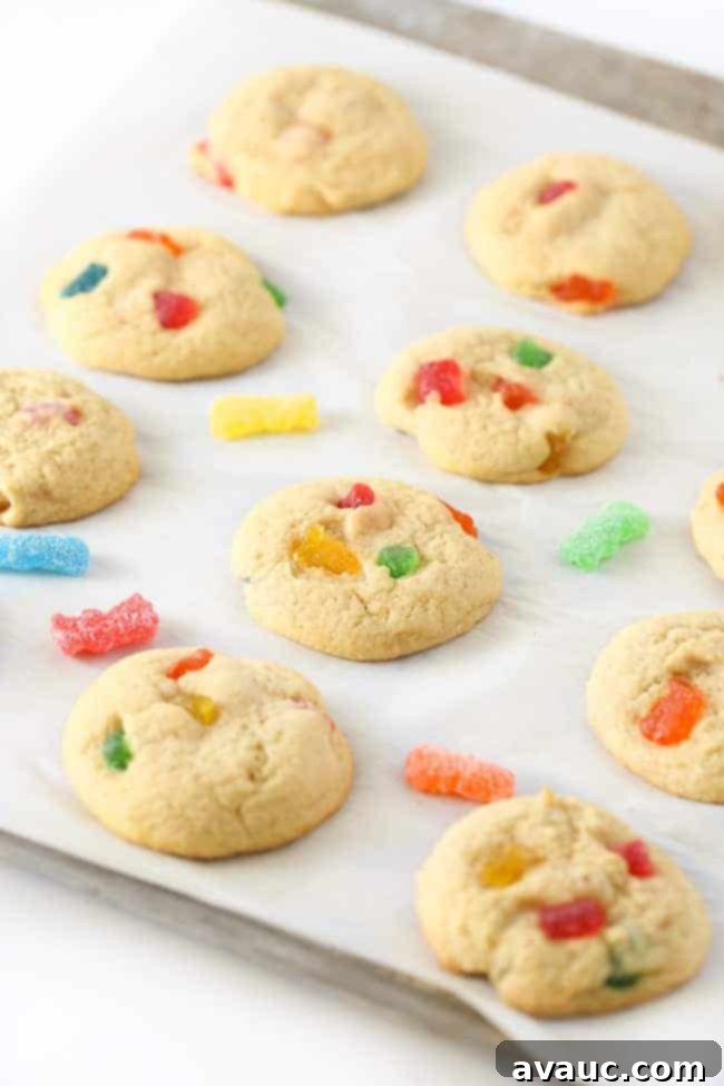 Sour patch kids cookies on baking sheet