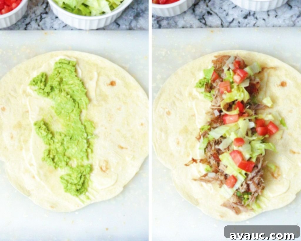 Assembling pork burritos with shredded pork, avocado, and fresh vegetables before folding. #porkburritos #mexicanfood #porkandavocadoburritos