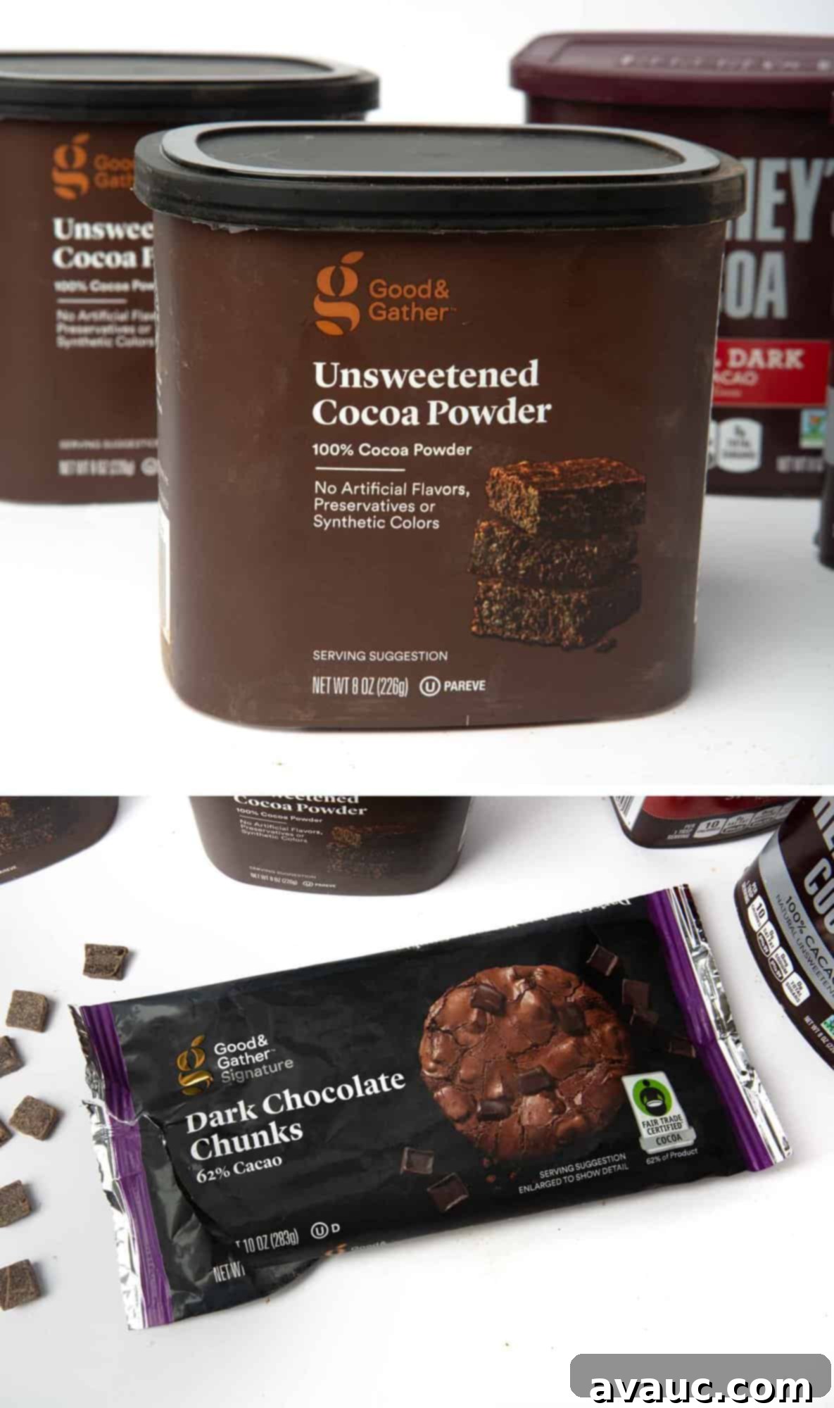 Irresistible Fudgy Brownies from Scratch 4 Target brand Good & Gather unsweetened cocoa powder and dark chocolate chunks, ingredients for making fudgy brownies