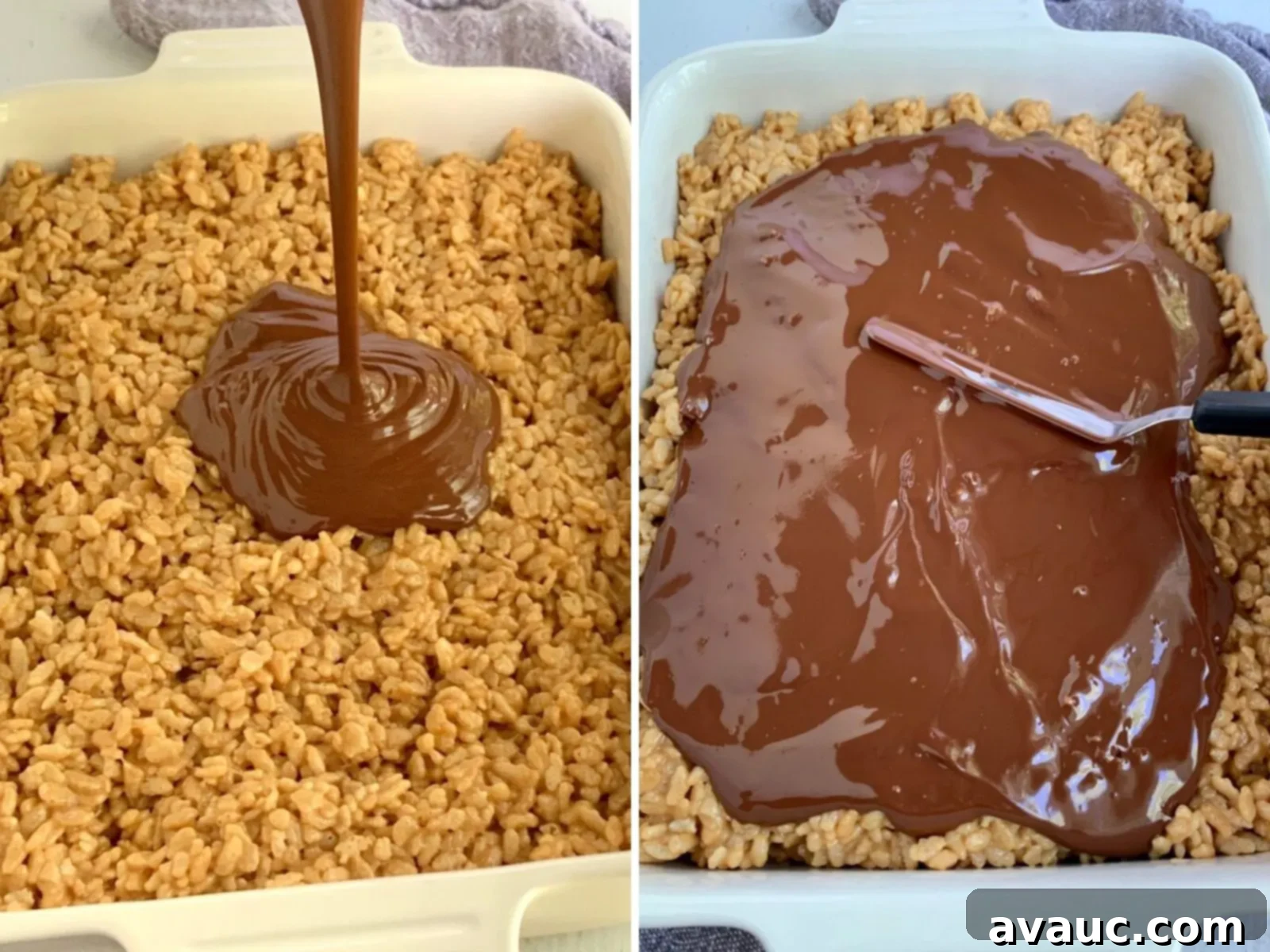 Classic Oh Henry Bars 2 Chocolate being poured over gluten free rice krispie cereal and dairy free chocolate being spread over cereal bars, showing the topping process.