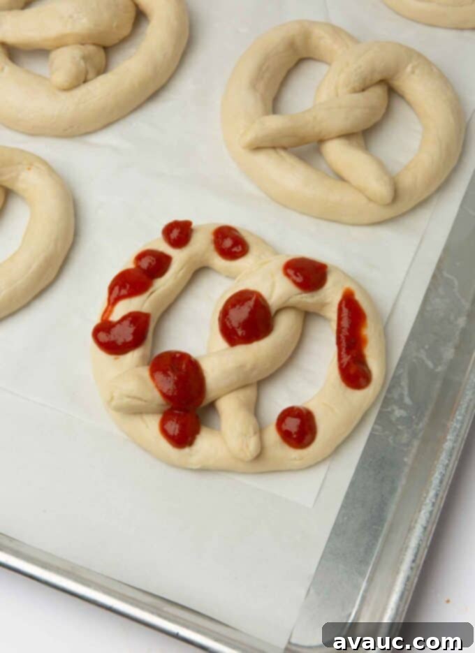 1-Hour Pizza Pretzel Twists 13 Pizza sauce spread on a shaped pretzel dough.