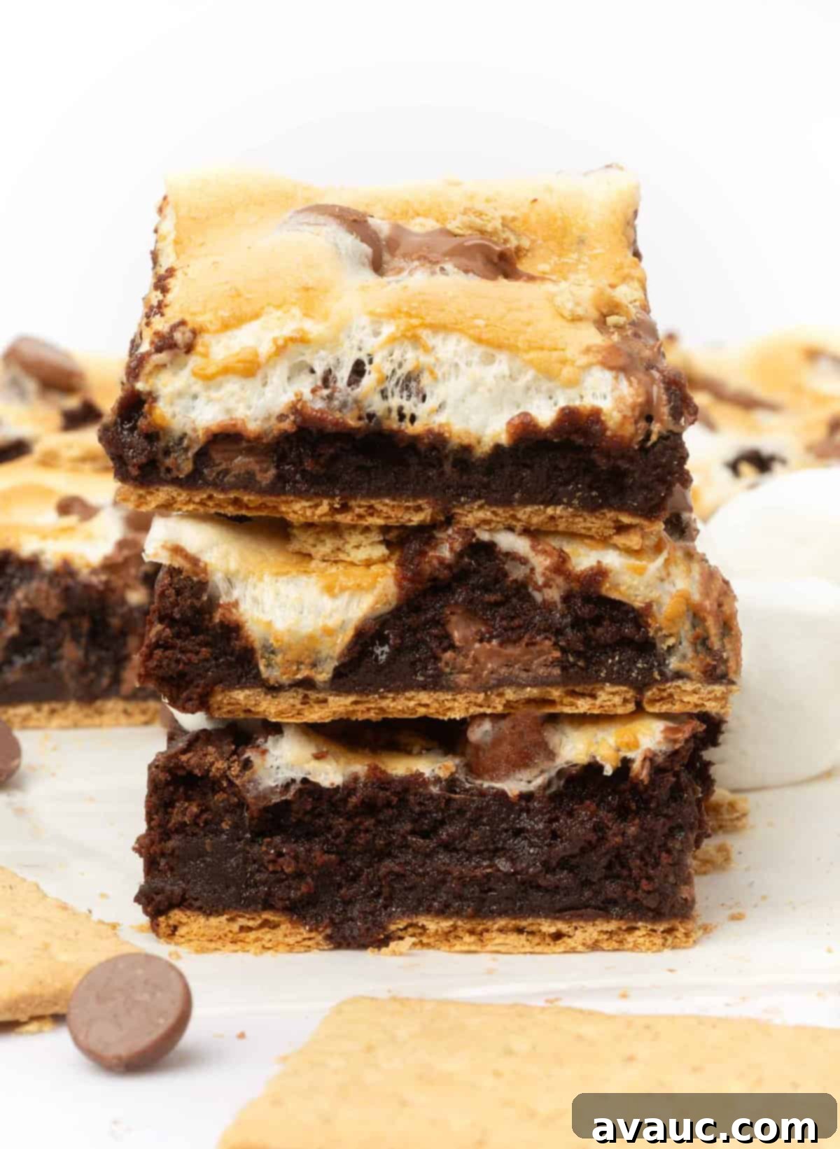 S'mores Brownies 2 Stack of rich, fudgy s'mores brownies with melted chocolate and golden toasted marshmallows.