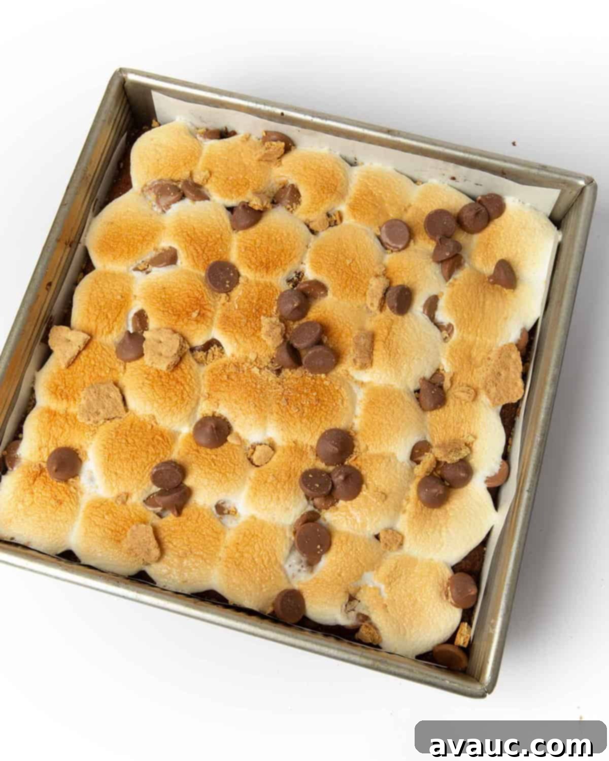 S'mores Brownies 11 Freshly toasted s'mores brownies with golden-brown marshmallows right out of the oven.