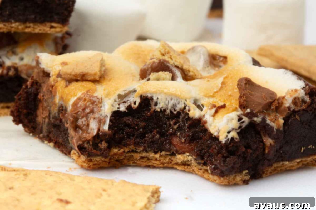 S'mores Brownies 13 A s'mores brownie with a bite taken, showcasing the layers of graham cracker, fudgy brownie, and melted marshmallow.