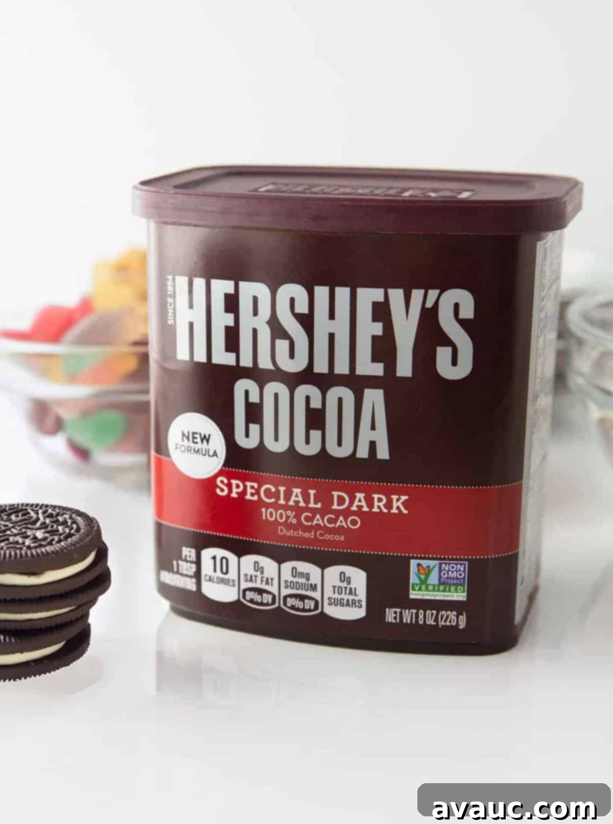 No-Fuss Dirt Cookie Bars 4 Hershey's Special Dark Cocoa Powder in a measuring cup, ready for baking
